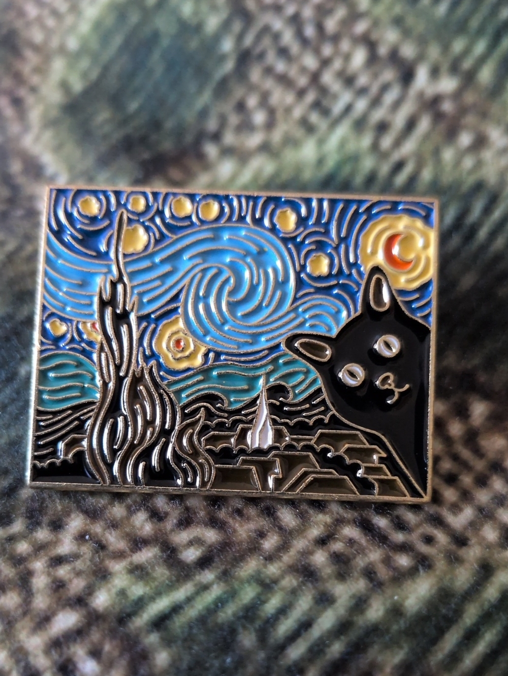 Black Cat Starry Night Enamel Pin - Decorative Art With Photo B0mb